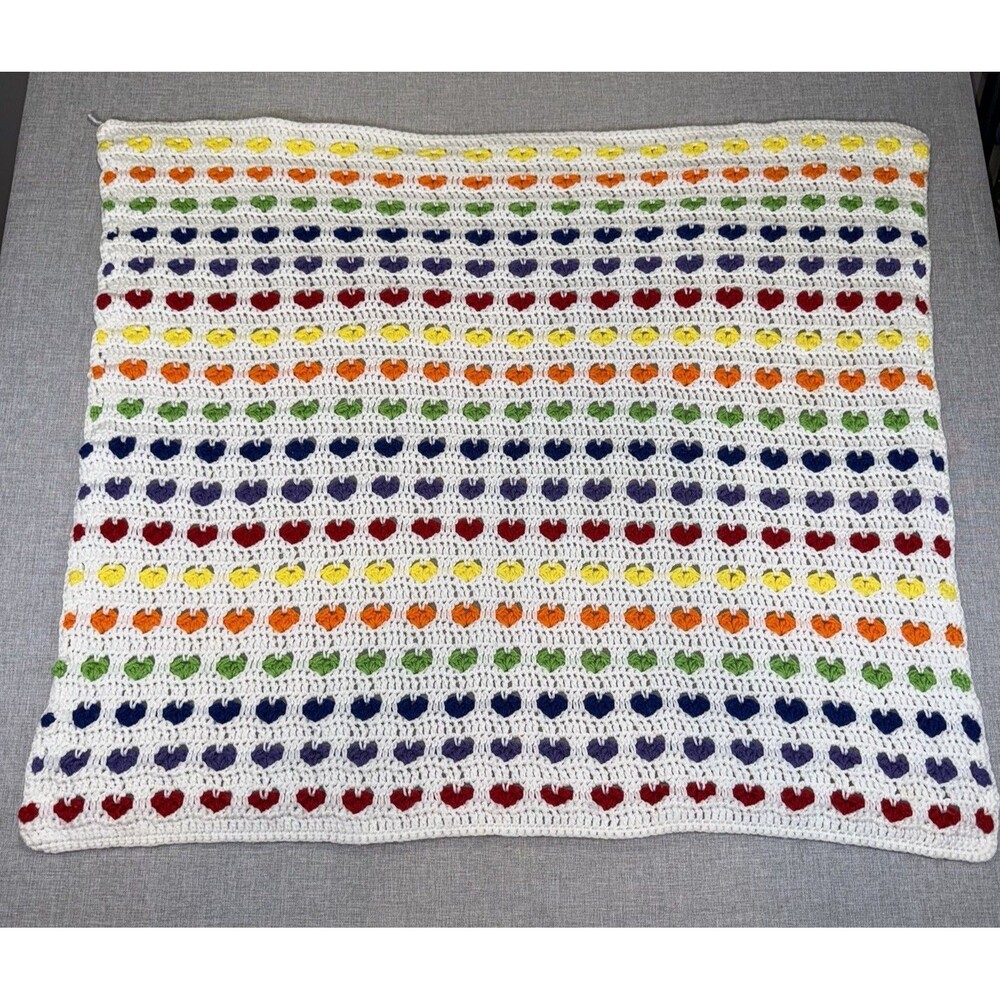 Handmade Crochet Rainbow Heart Baby Blanket Afghan Grandma Grannycore 34" x 39”